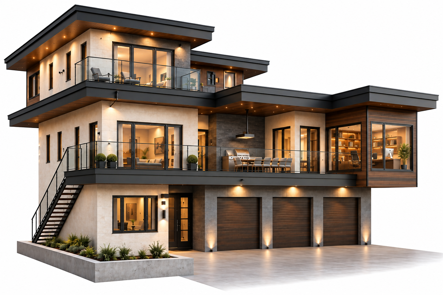 Architectural rendering of a contemporary multi-level home with glass terraces, ground-level garages, and a cantilevered office