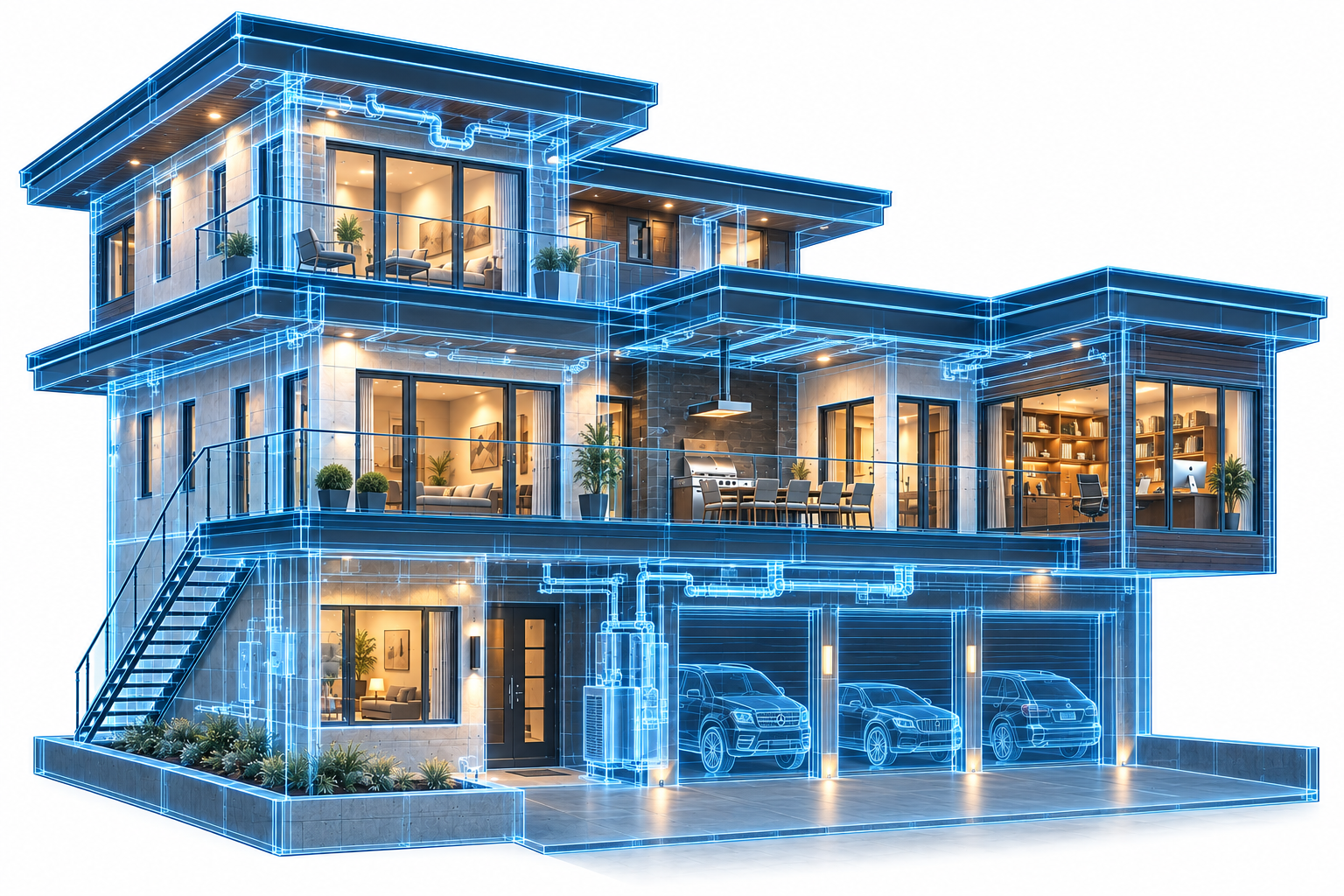 Illustrative X-ray-style rendering of a contemporary home revealing its integrated building systems